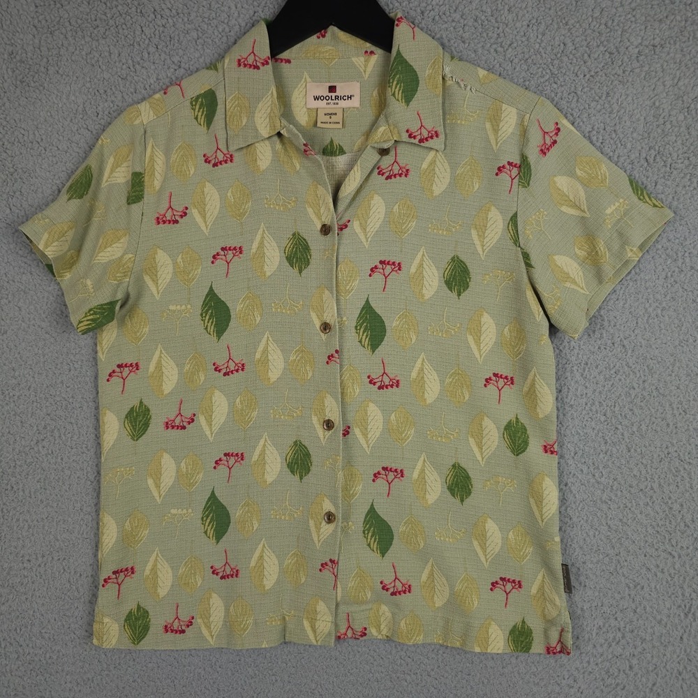 Woolrich Shirt Womens Small Green Berry Floral Silk Blend Button Up NEEDS REPAIR